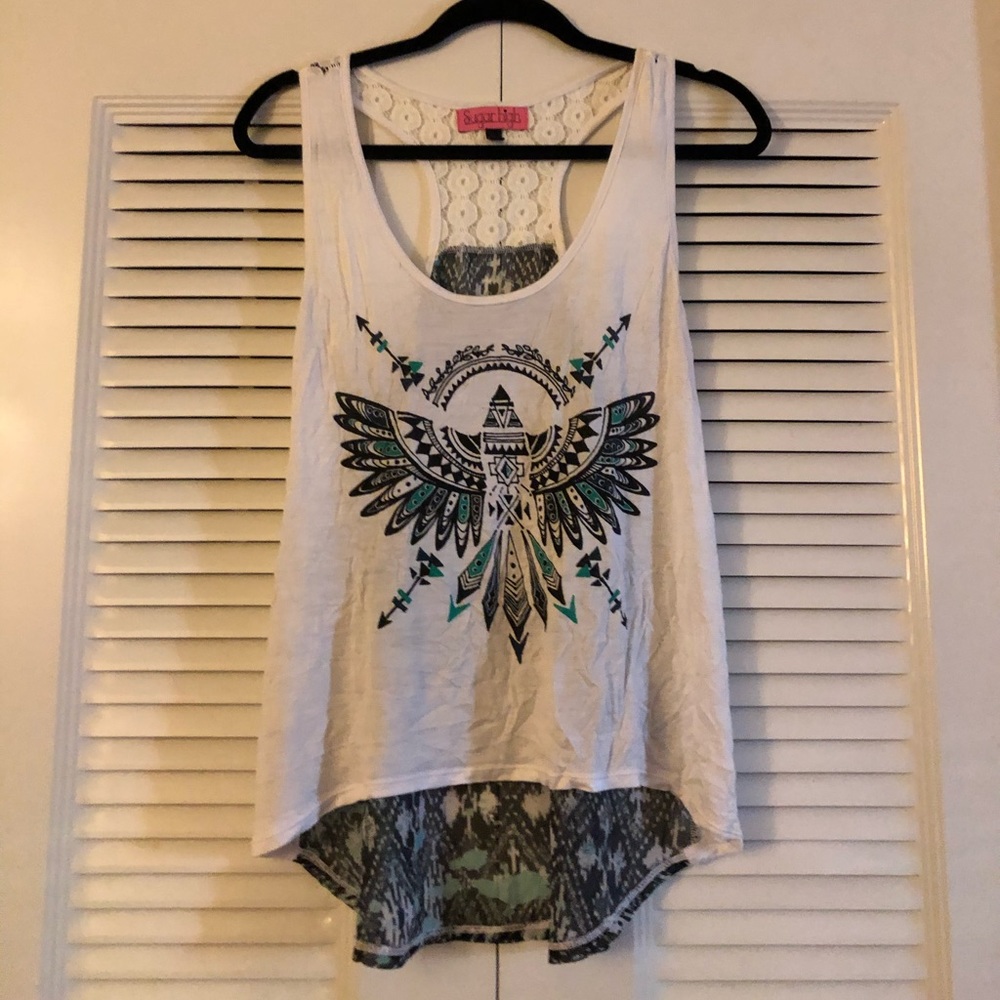 Tribal bird high low tank top